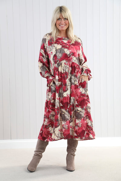 Goose Island 4607 Venice Marble Effect Print Tiered Long Sleeved Midaxi Dress (4 Colours)