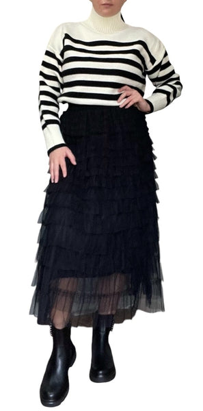 Black Mesh Tiered Elasticated Ruffle Long Skirt