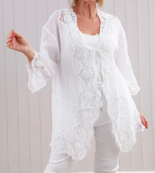 Amber White Crochet And Cotton Longline Cardigan