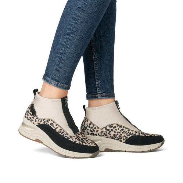 Rieker N9362-90 Leopard Combination Zip Front Wedge Trainer Boot