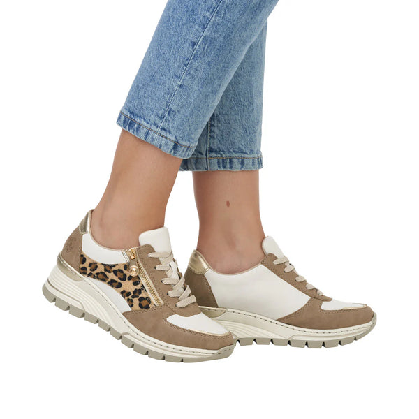 Rieker N8308-64 Leather Two Tone And Leopard Wedge Trainers