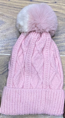 Cable Knit Two Tone Pom Pom Hat With Fleece Lining (2 Colours)