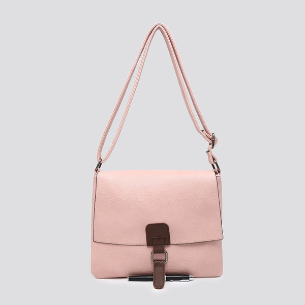 Plain Medium Messenger Style Crossbody Bag With Brown Trim (6 Colours)