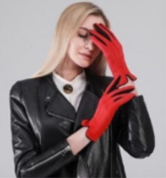 Red And Black Two Tone Stretchy Suedette Gloves