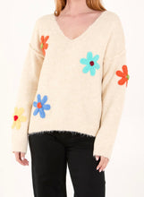 Beige V-Neck Knitted Colourful Flowers Print Jumper