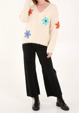 Beige V-Neck Knitted Colourful Flowers Print Jumper