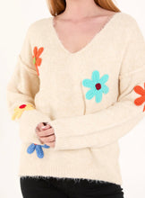 Beige V-Neck Knitted Colourful Flowers Print Jumper