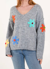 Beige V-Neck Knitted Colourful Flowers Print Jumper