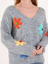 Beige V-Neck Knitted Colourful Flowers Print Jumper