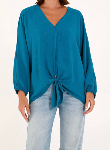 Plain V-Neck Stretchy Tie Front Long Sleeve Blouse (4 Colours)