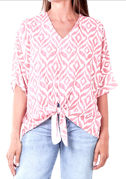 Light Pink Geometric Print Tie Front Top