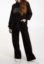 Black Wide Leg Jogger Style Trousers With Leopard Side Stripe