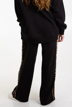 Black Wide Leg Jogger Style Trousers With Leopard Side Stripe