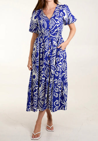 Blue And White Abstract Print Button Through Midi Dress