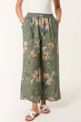 Linen Vintage Flower Print Wide Leg Trousers (3 Colours)