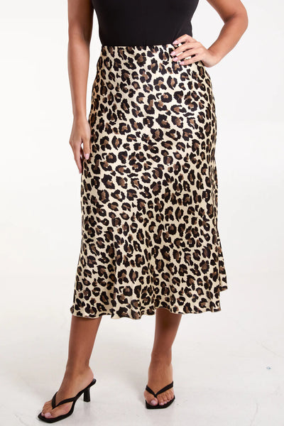 Leopard Print Satin Midi Skirt