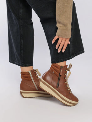 Rieker W0962-24 Revolution Caster Brown Leather Lace-Up Flatform Trainer Boots