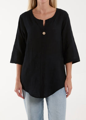 Plain Black Cotton Button Front Top