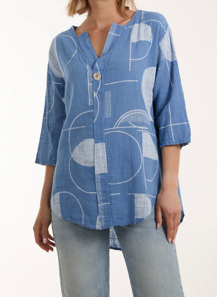 Cotton Geometric Print Silver Button Front Top (4 Colours)