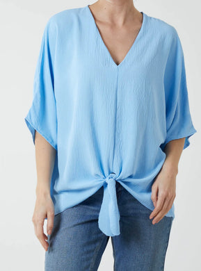 V-Neck Plain Stretchy Tie Front Blouse (3 Colours)