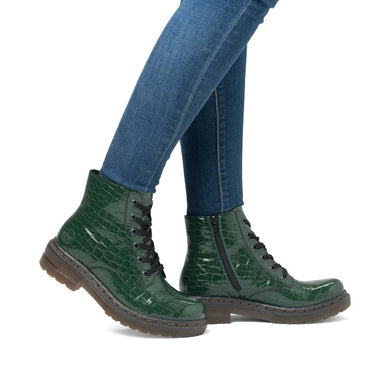 Rieker 78240-54 Tanne Green Croc Patent Lace-Up Ankle Boots