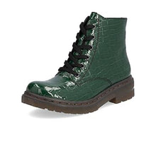 Rieker 78240-54 Tanne Green Croc Patent Lace-Up Ankle Boots