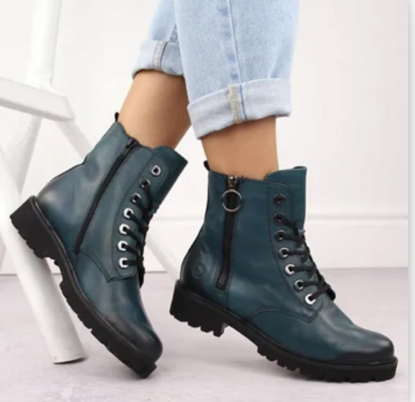 Remonte D8671-12 Odeon Petrol Blue Leather Lace-Up Ankle Boots