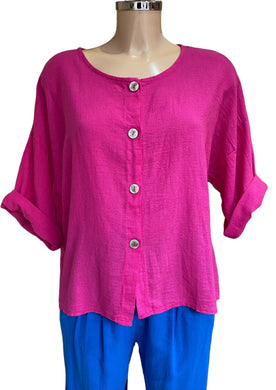 Hot Pink Hope Linen Effect Round Neck Button Top