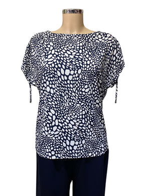 Marble 7933 Navy And White Abstract Print Short Sleeve Top