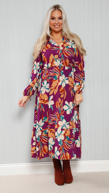 Goose Island 3947 Purple Large Flower Print Collar And Button Maxi Dress