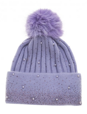 Park Lane HAT14 Lilac Ribbed Knitted Bobble Hat With Matching Scattered Gem Detail