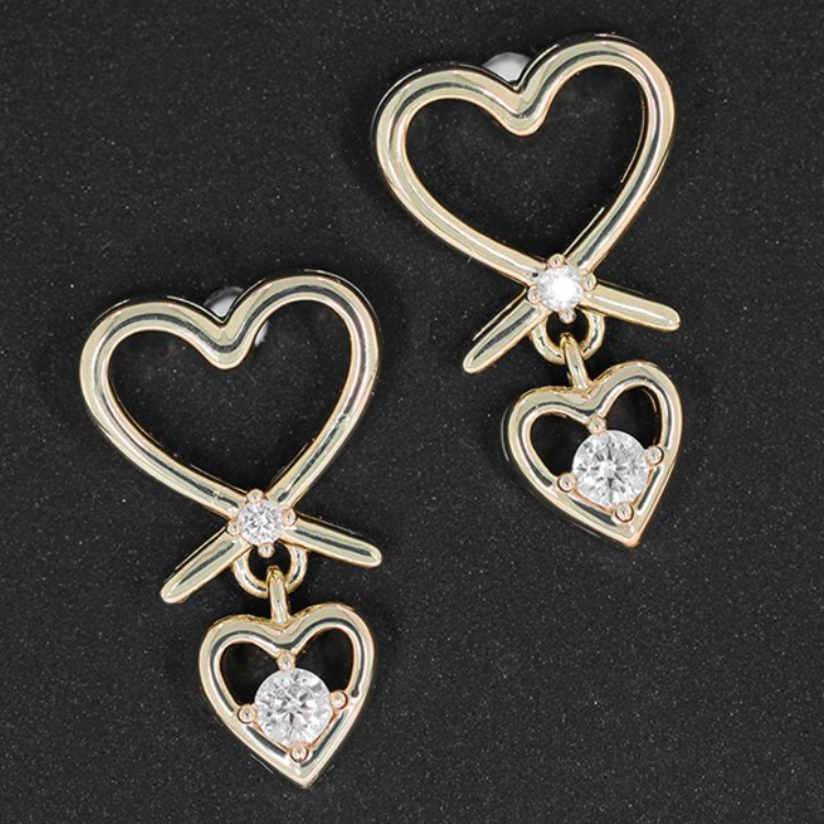 Gold Plated Heart Drop Earrings With Diamonte Detail