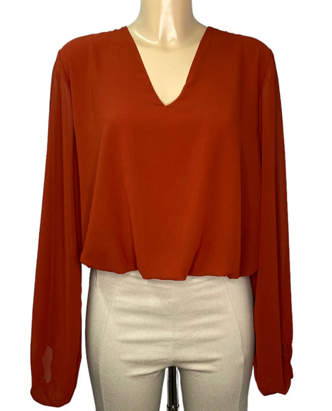 Rust Long Sleeve Plain Bubble Hem V Neck Blouse